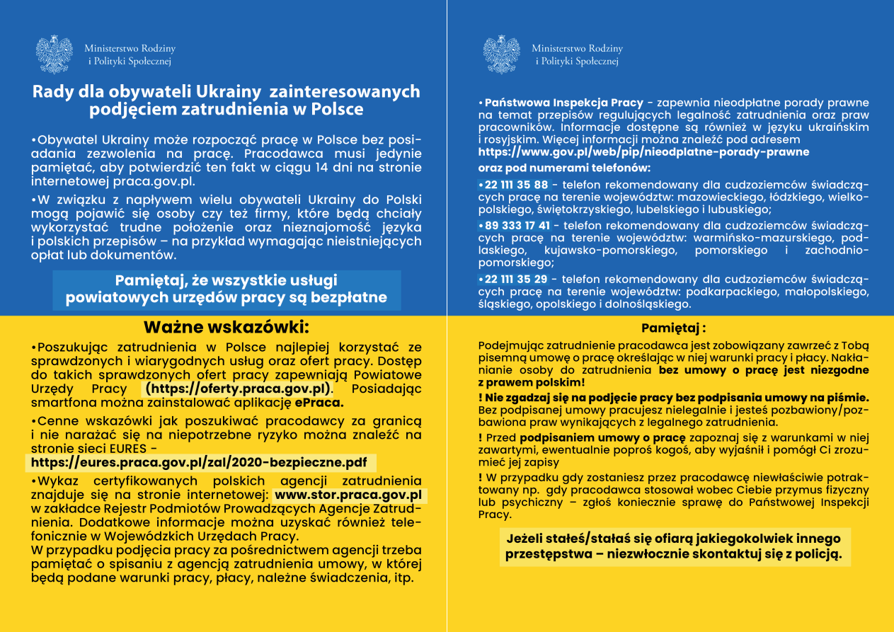 Obraz ulotka Rady dla obywateli Ukrainy zainteresowanych podjęciem zatrudnienia w Polsce